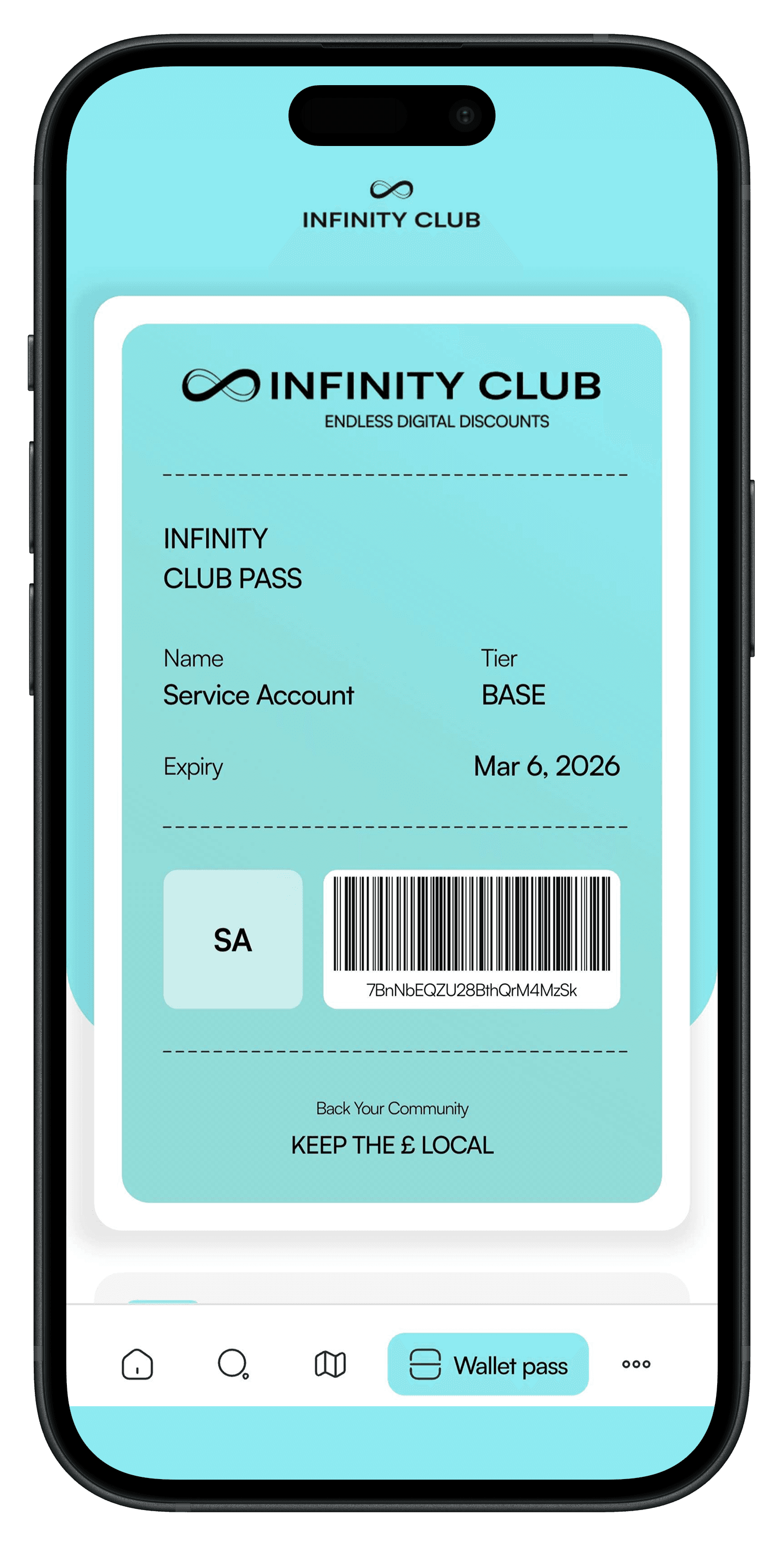 Infinity Club mobile app displaying its digital membership pass